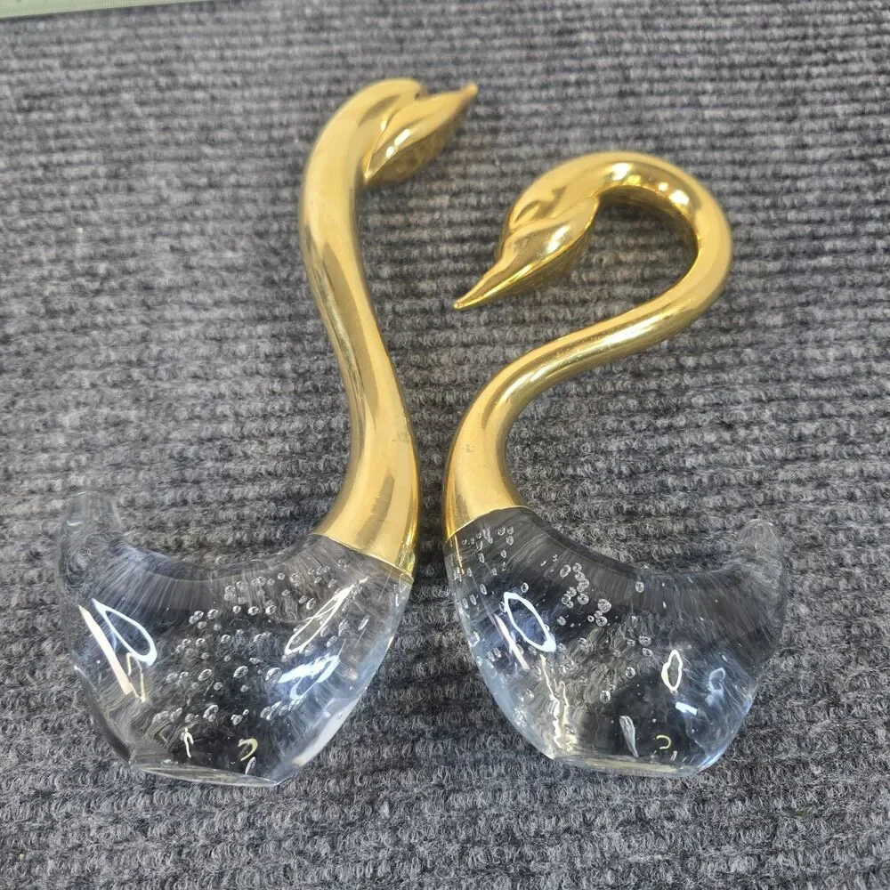 Set of 2 Glass and Brass Swan Figurines Vintage Decoration